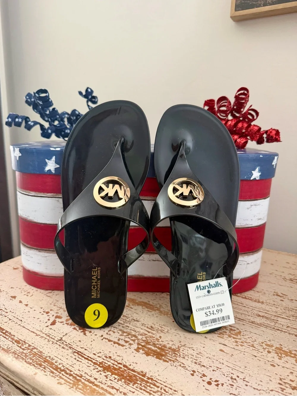 Michael Kors Black Patent Jelly Sandals with Gold MK Medallions - Picture 1 of 3